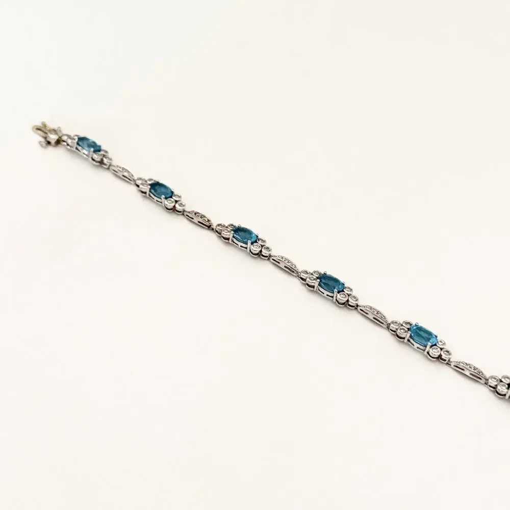 14K White Gold Blue Topaz & Diamond Bracelet